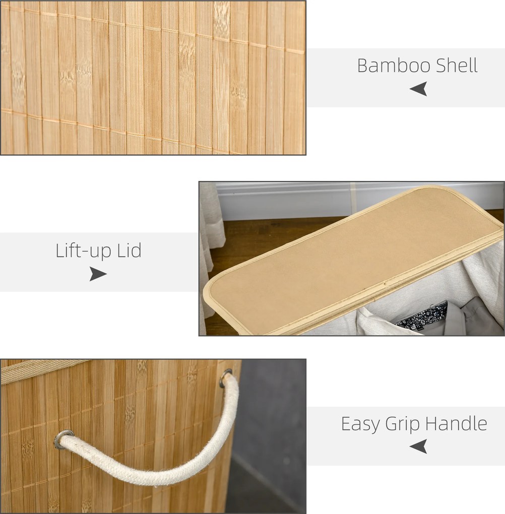 HOMCOM Składany kosz na pranie z bambusa, poręczny 90 L pojemnik na pranie z wyjmowanym wewnętrznym workiem i pokrywą