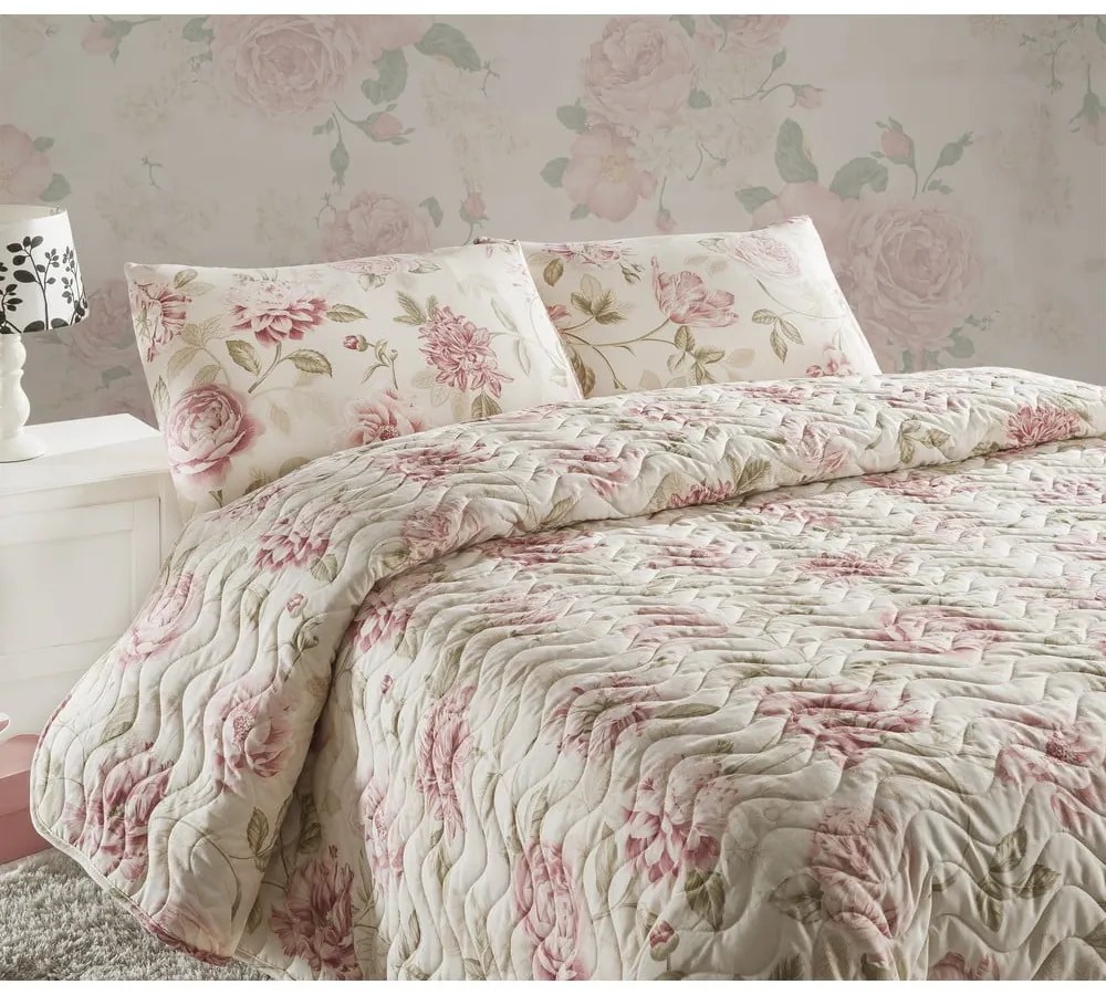 Zestaw pikowanej narzuty na łóżko i 2 poszewek na poduszki Eponj Home Care Pink, 240x220 cm