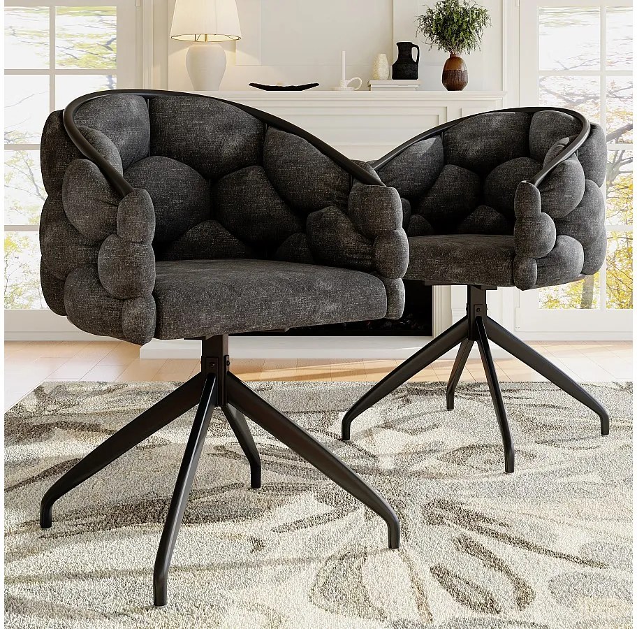 Zestaw 2 obrotowych krzeseł do jadalni z oparciem i czarną metalową ramą - szary aksamit