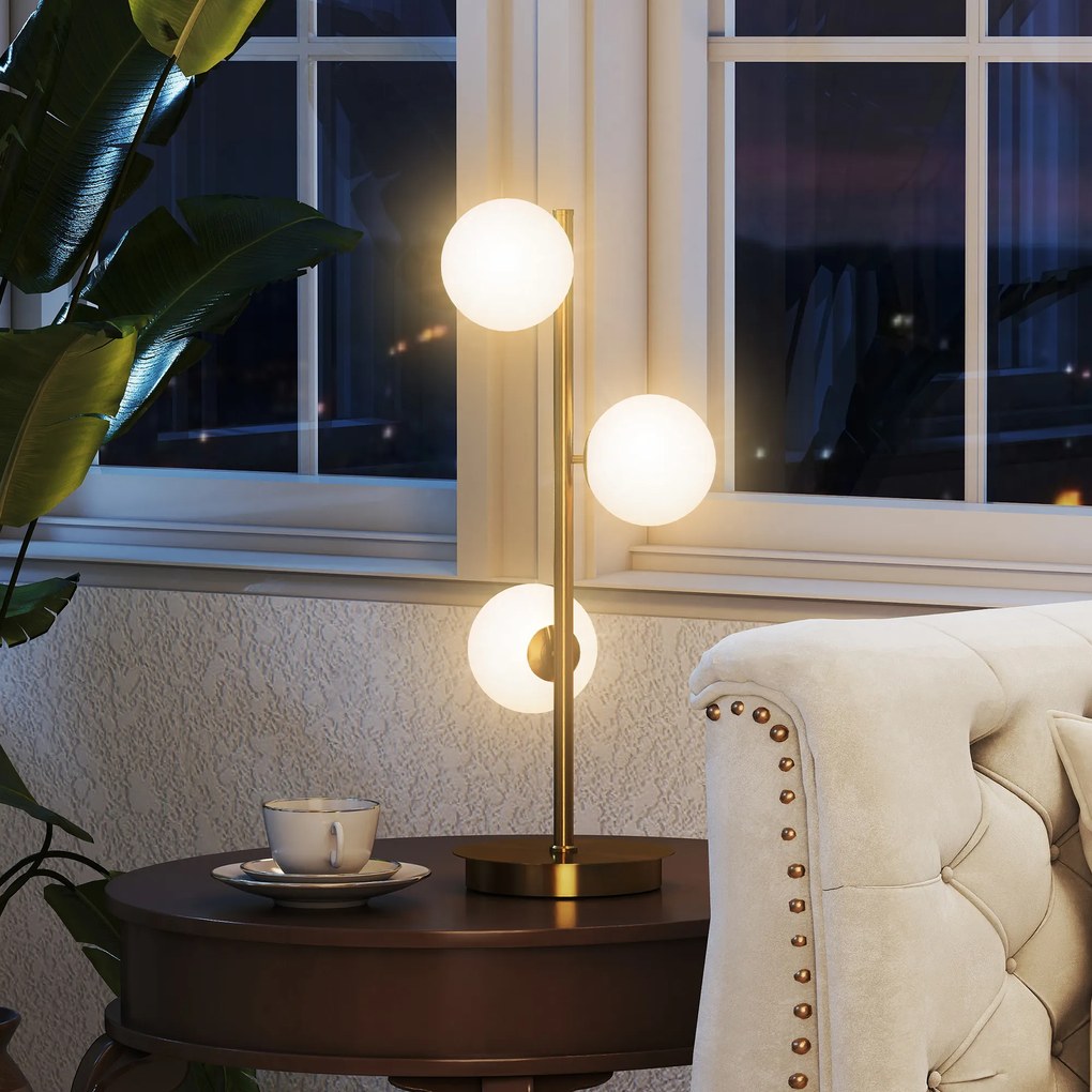 HOMCOM Lampa stołowa z 3 kulistymi kloszami, z solidną stalową podstawą, oprawki G9, 24 x 24 x 53 cm, mosiężny