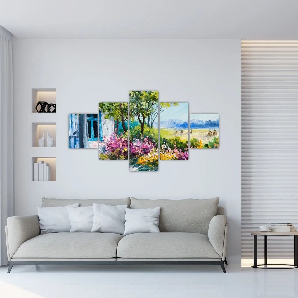 Obraz ogrodu przed domem, obraz olejny (125x70 cm)