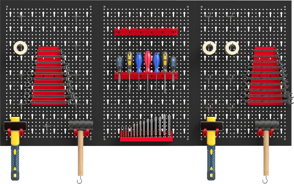 HOMCOM System przechowywania, tablica narzędziowa 60 x 40 cm, 28 elementów, z haczykami i półkami, czerwono-czarny | Aosom PL