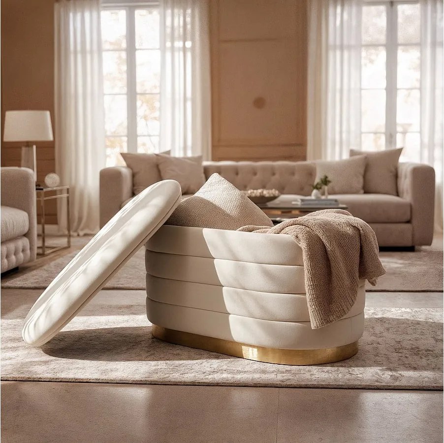 Ławka otwierana ze schowkiem welurowa 80 cm BELLA Kremowa