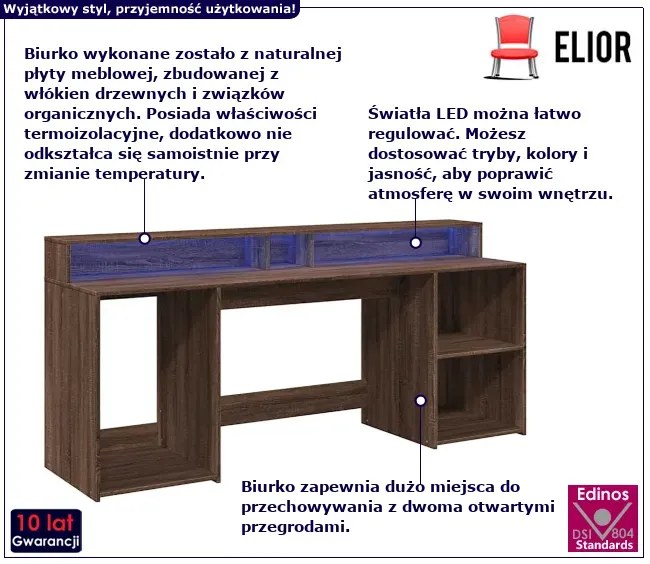 Podświetlane biurko 200 cm brązowy dąb - Fixi