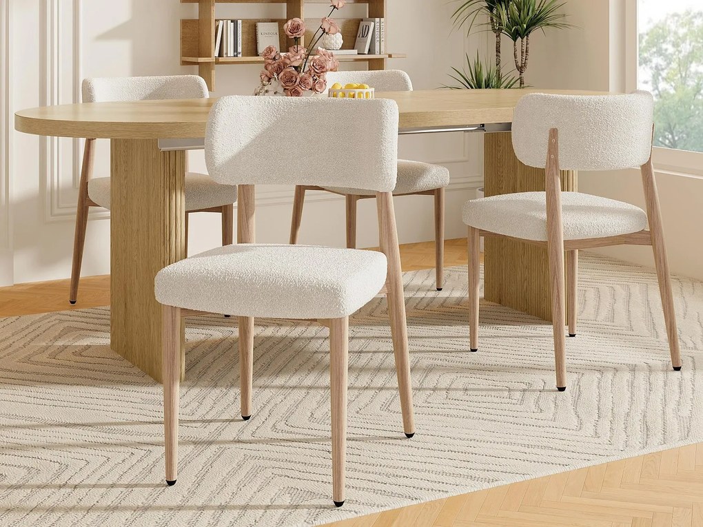 Zestaw 4 krzeseł metalowych - Wygląd drewna - Tkanina bouclé beżowa - Miękka poduszka siedzeniowa - Naturalny