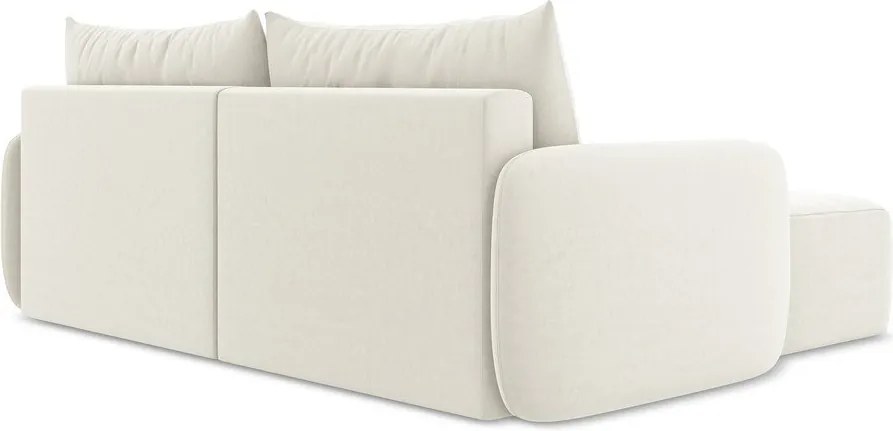 Kremowy aksamitny rozkładany narożnik ze schowkiem (lewostronny/z szezlongiem) Kalena – Makamii