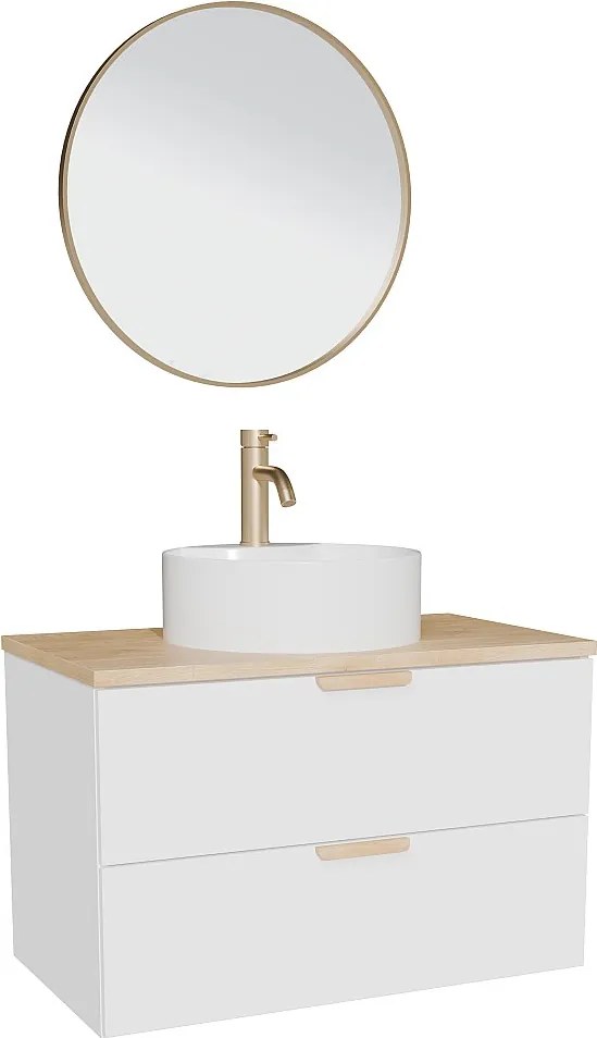 Wisząca szafka łazienkowa z okrągłą umywalką nablatową, baterią i lustrem – Biała – S80 cm – AVORELI