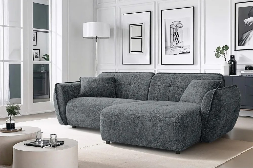Ciemnoszary narożnik z tkaniny szenilowej (prawostronny/z szezlongiem) Nelia – Ropez