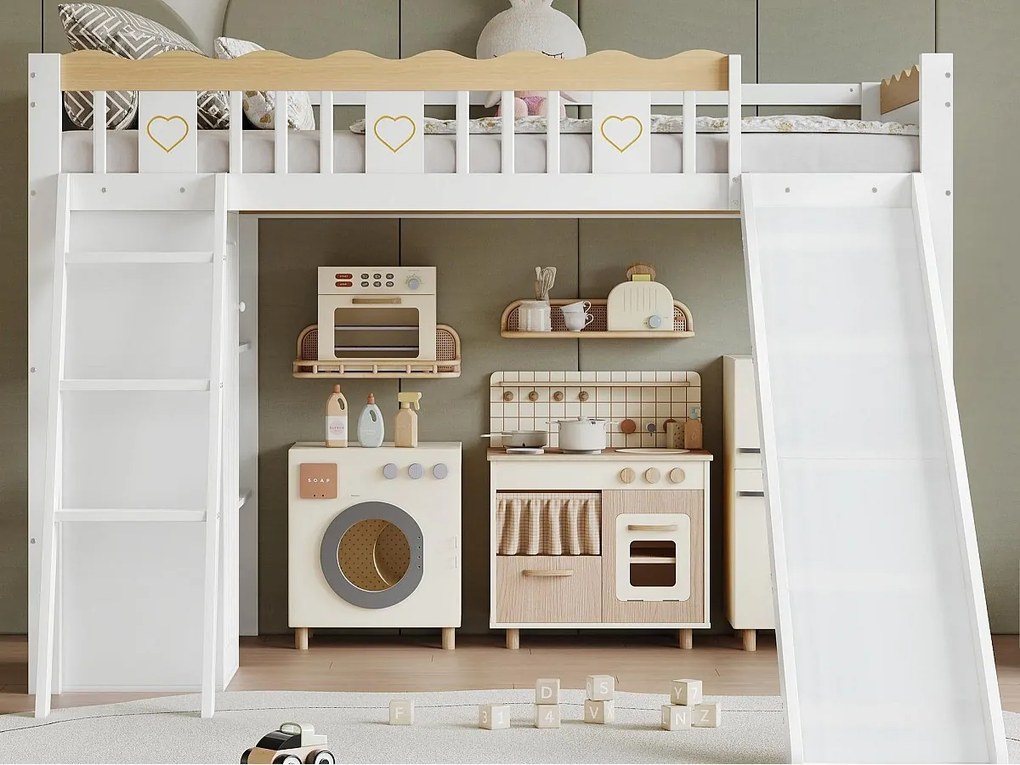 Łóżko piętrowe dla dzieci 90×200 cm - z szafą i schowkami - ze zjeżdżalnią dla dzieci - drewno lite + MDF - białe (materac nie jest zawarty)