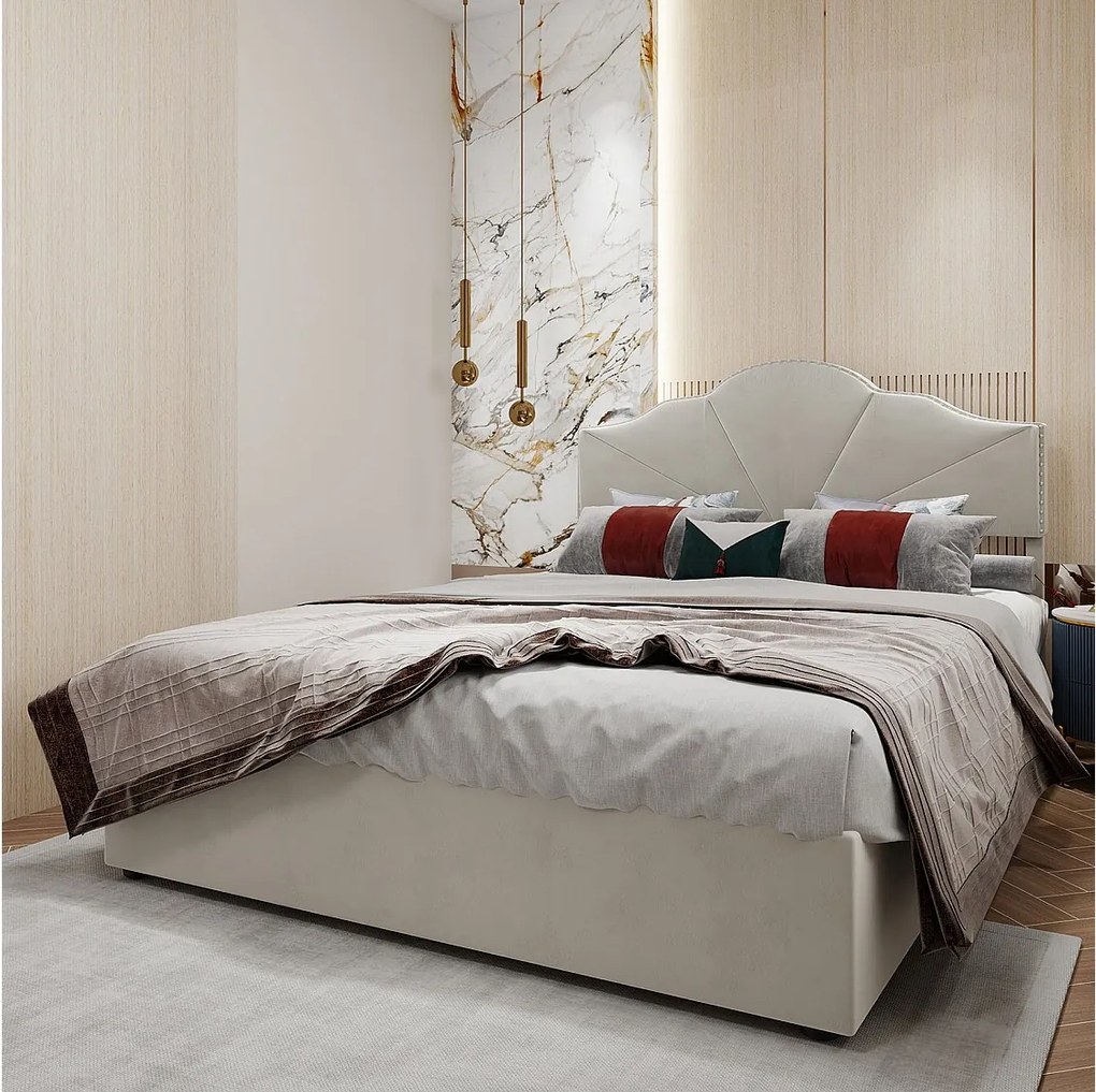 Łóżko z pojemnikiem 140 x 200 cm - Łóżko podwójne z miękkim zagłówkiem i pojemnikiem - beżowy aksamit - materac nie jest wliczony w cenę