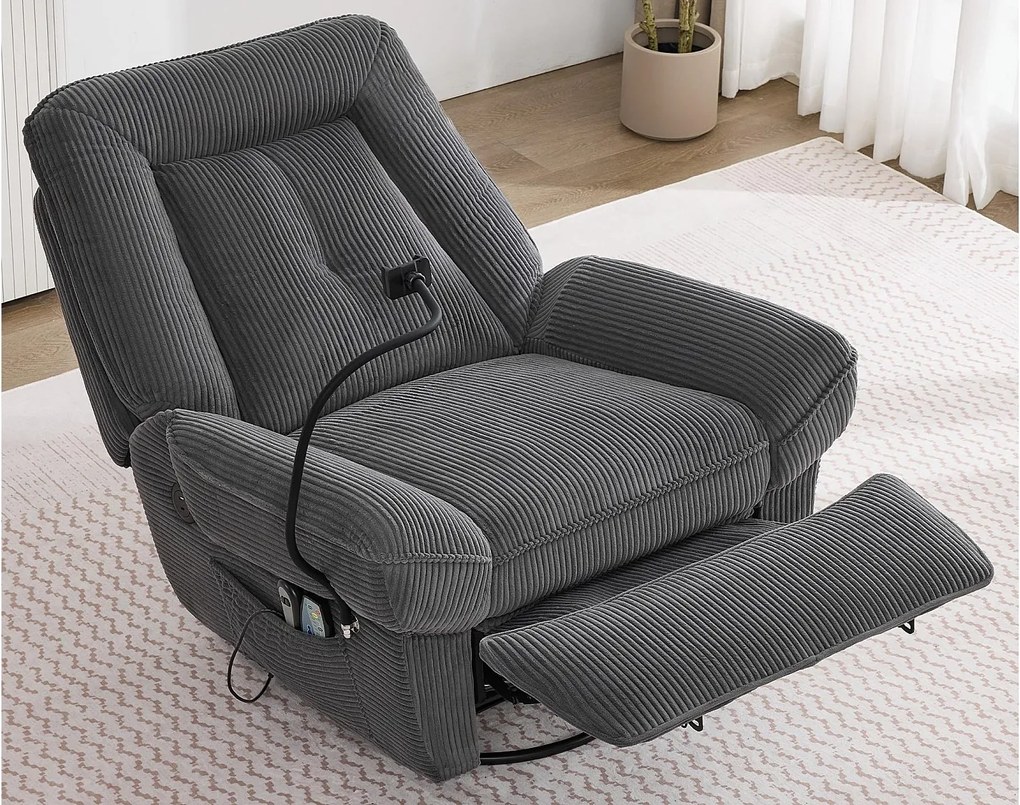 Fotel - z funkcjami masażu i ogrzewania - obrót 360° - z uchwytem na telefon i portem USB - szary