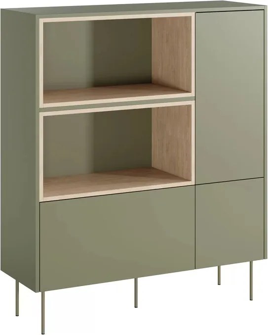 Komoda wysoka Desin 120 cm dwudrzwiowa z szufladą i wnękami - oliwka / dąb nagano