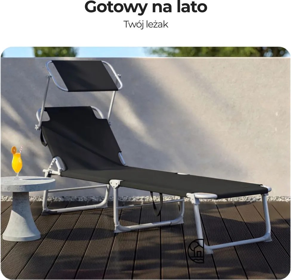 Leżak ogrodowy HAWAII z regulowanym daszkiem, 195x60x30cm, czarny Casaria
