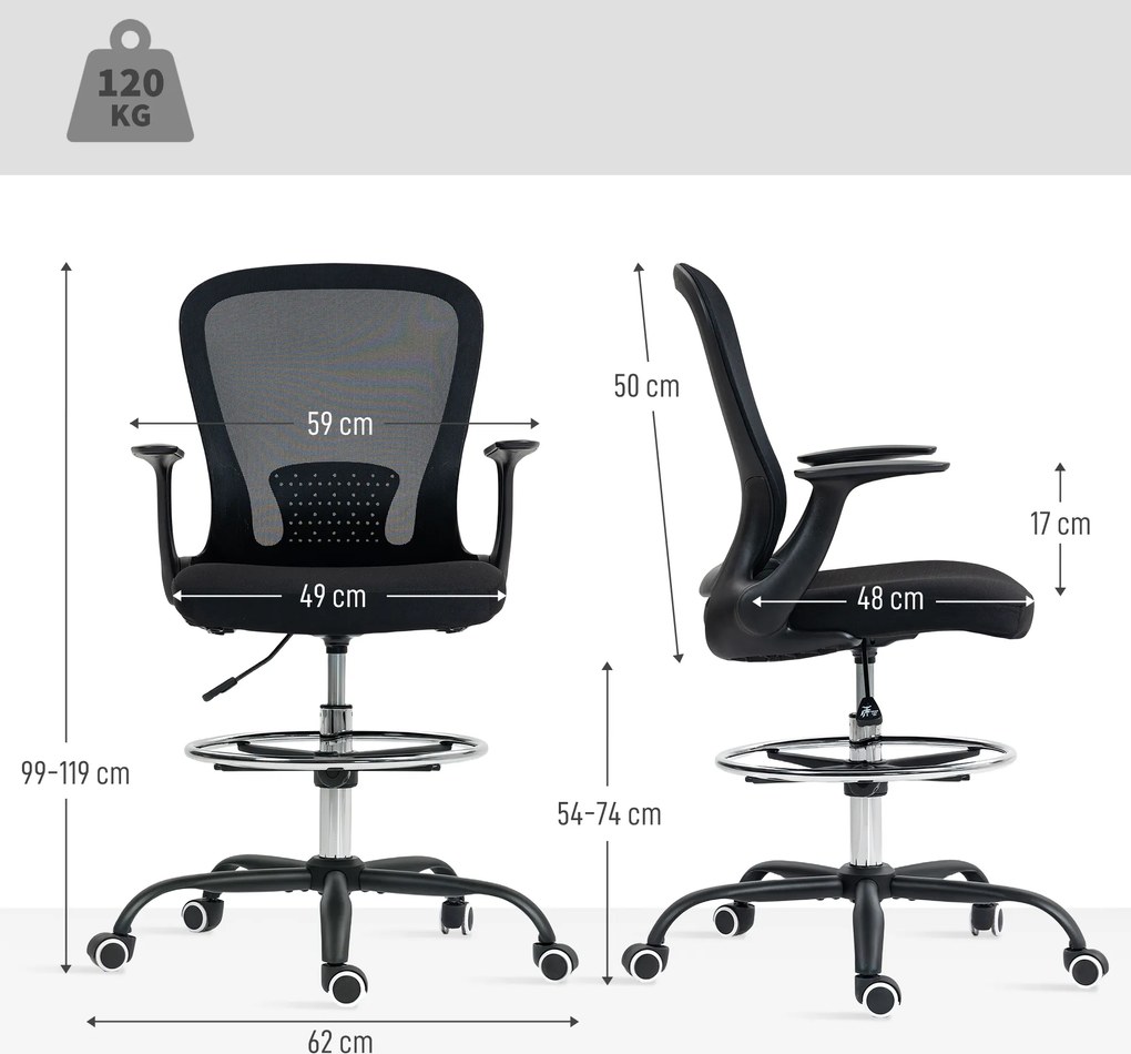 HOMCOM Fotel biurowy Regulacja wysokości Krzesło biurkowe z regulowanym pierścieniem podnóżka, podparciem lędźwiowym, 62 x 59 x 119 cm, Czarny