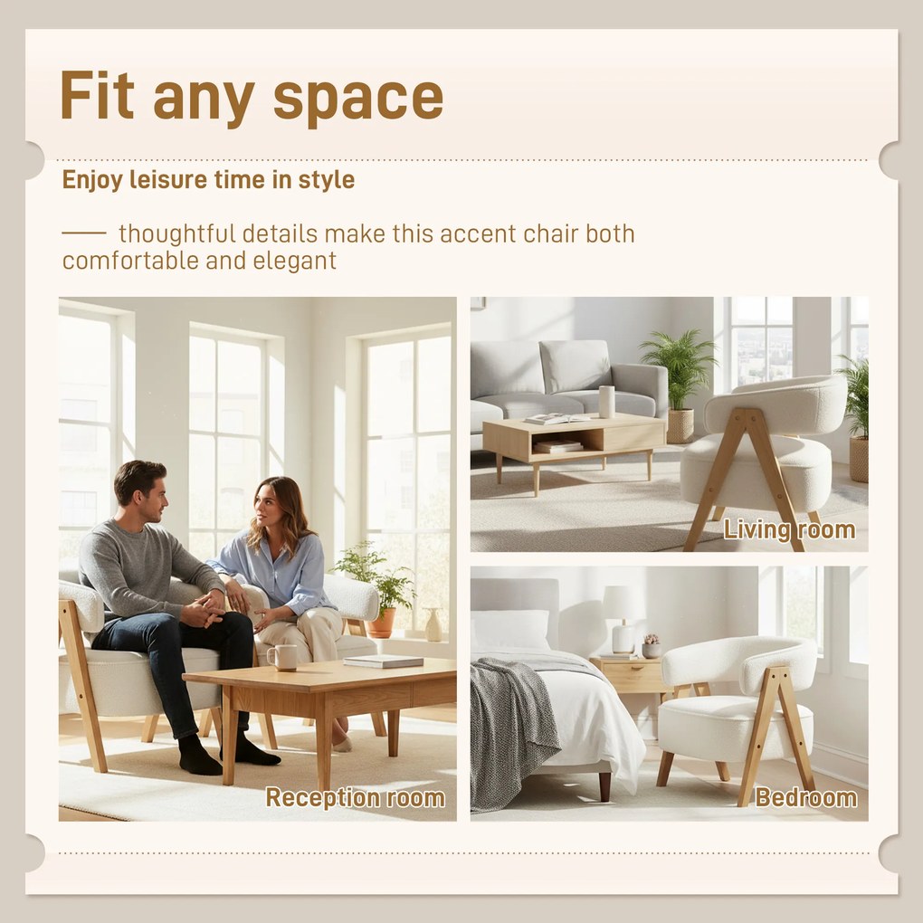 HOMCOM Nowoczesny fotel tapicerowany, obicie z polaru, fotel akcentowy z podłokietnikami, drewniane nogi, metalowa rama, Biały