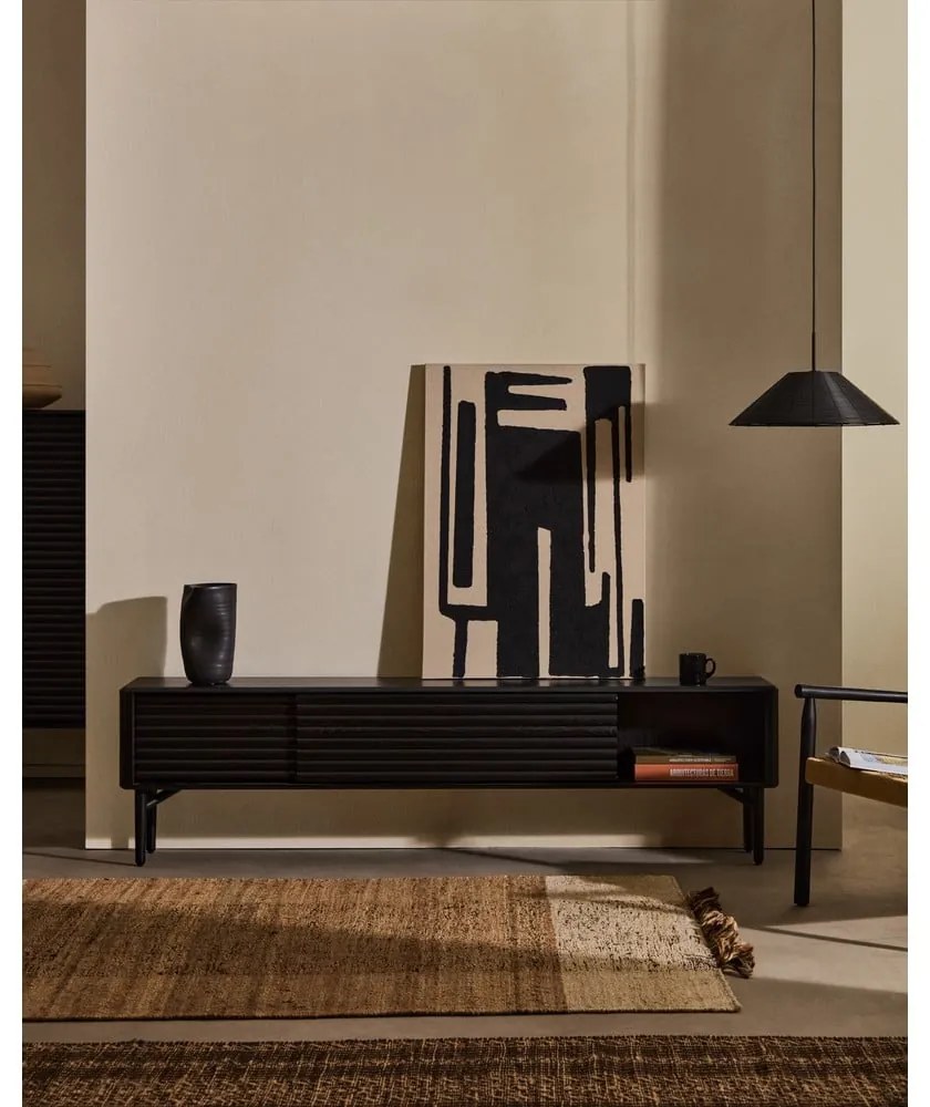 Czarna szafka pod TV w dekorze dębu 200x57x35 cm Lenon – Kave Home
