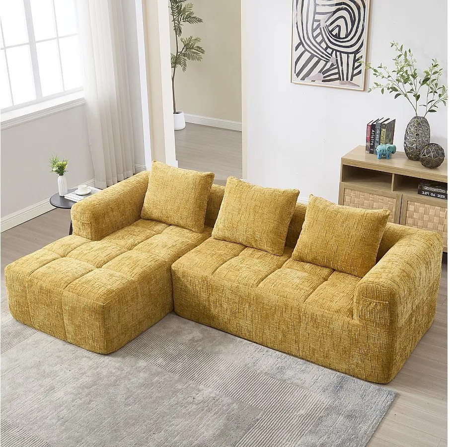 Sofa 3-osobowa w kształcie litery L - 250 x 158 x 60 cm - z leżanką + podłokietnikami + 3 poduszkami - Chenille - żółta