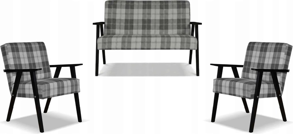 Zestaw mebli PRL retro SOLER sofa fotele Family Meble krata szara