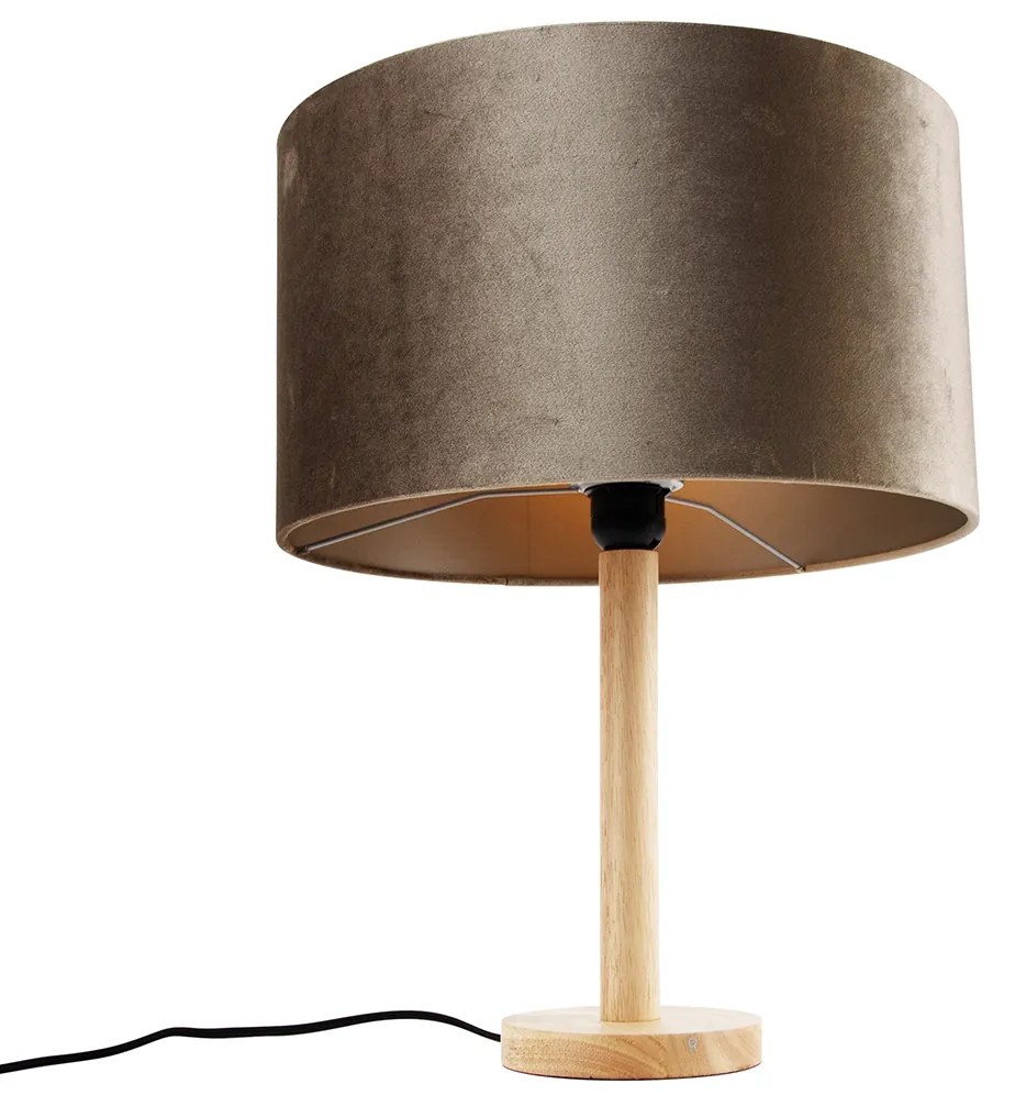 Lampa stołowa drewniana z aksamitnym abażurem taupe 35 cm - Mels Rustykalny / Vintage Oswietlenie wewnetrzne