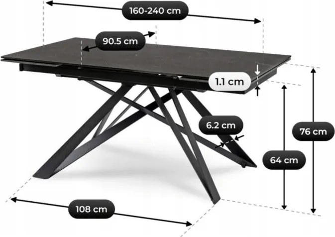 Stół Rozkładany Prostokątny MAXIME 160-240 cm Ceramiczny Czarny Marmur do Jadalni Nowoczesny Loft