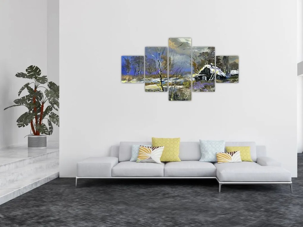 Obraz chaty w zimowym krajobrazie, obraz olejny (125x70 cm)