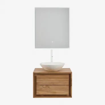 Zestaw Wiszących Mebli Łazienkowych Z Drewna Tekowego Jabari Drewno Tekowe & Cement Okrągły Biały Ø40 - Sklum