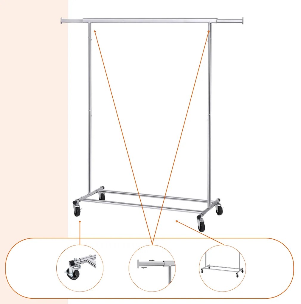Stojak na ubrania INEZ na kółkach, maks. 90 kg, 83,5x45x160cm, srebrna Jurhan