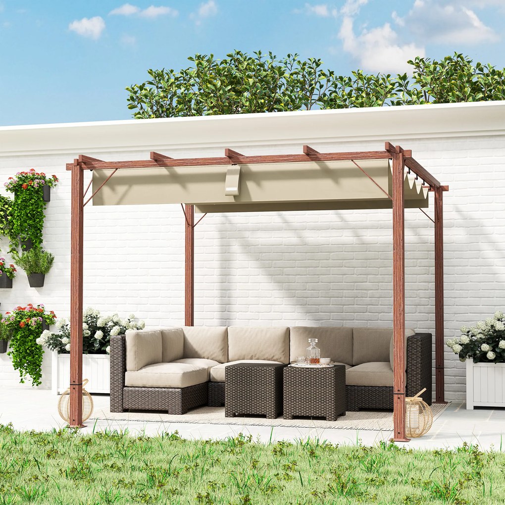 Outsunny Garten-Pergola 3 x 3 m, Regulowane Zadaszenie Tarasu, Rama z Aluminium, Ochrona przed Słońcem UPF30+, Drewno Naturalne