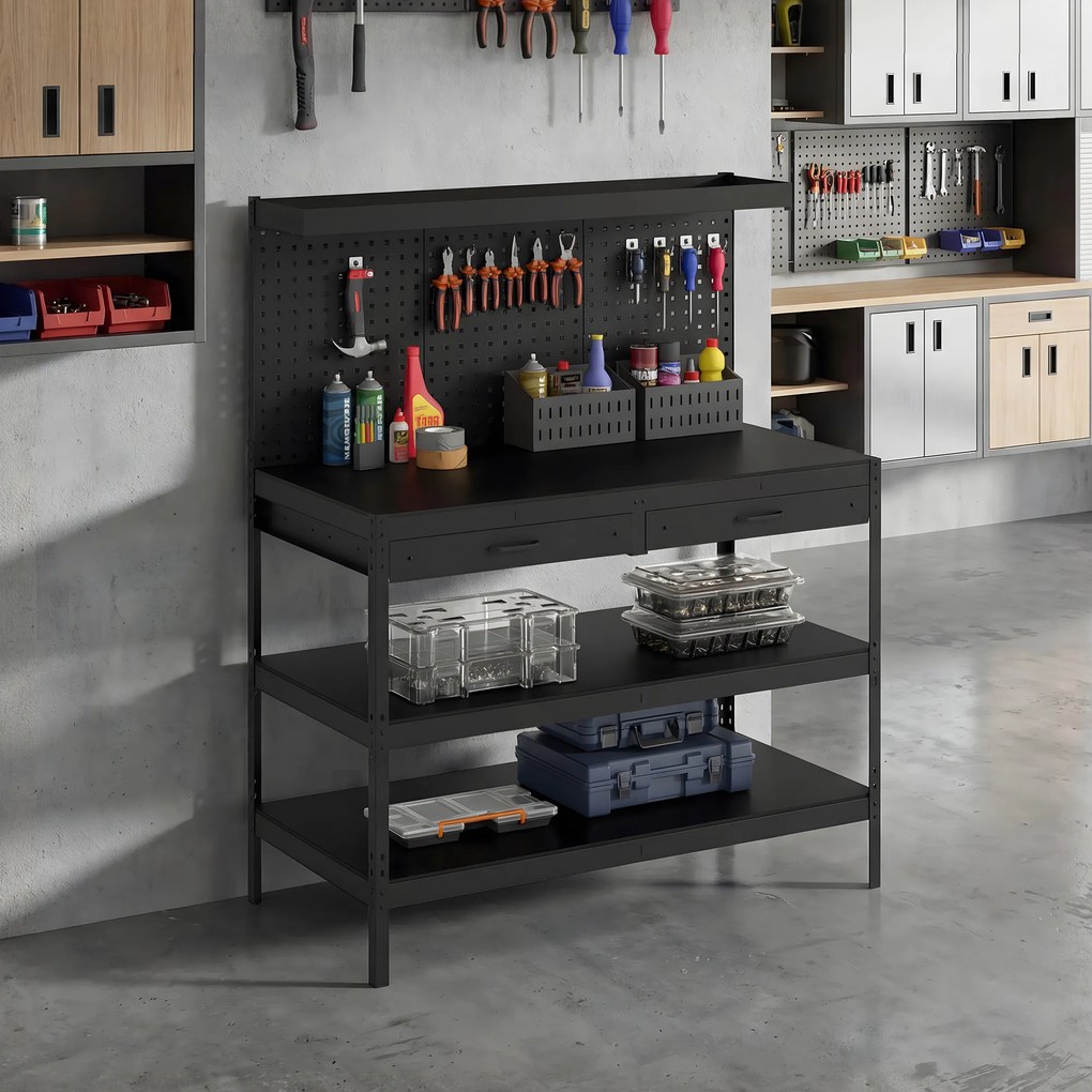 HOMCOM Stacja robocza z regulowanymi półkami, solidna stacja robocza z perforowaną płytą i 2 szufladami, 122 x 61 x 156 cm, Czarna | Aosom PL