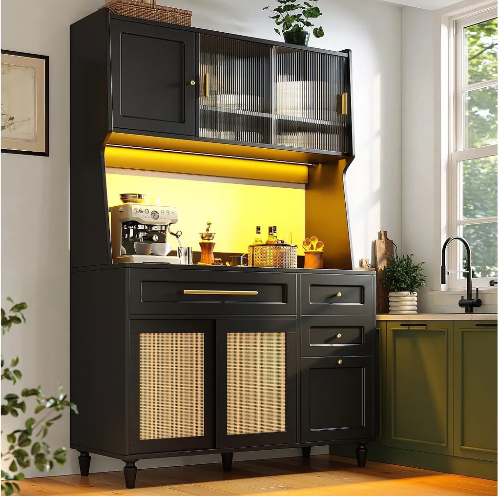 Komoda kuchenna wysoka - 120 x 45 x 195,5 cm - z regulowanymi półkami + 3 szuflady + 3 drzwi + diody LED - MDF + rattan PE - czarny