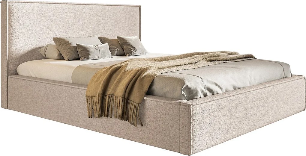 Łóżko dwuosobowe 140x200 cm Kyoto z pojemnikiem i stelażem metalowym - tkanina boucle, beżowy (Anthology 3)