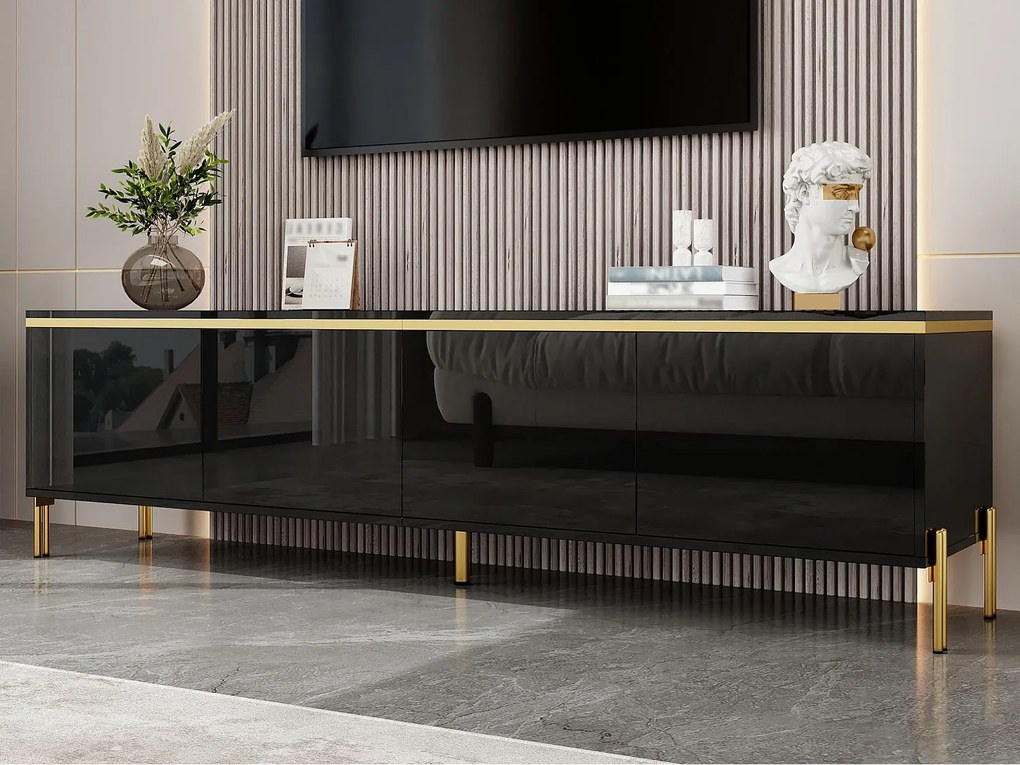 Nowoczesny lakierowany błyszczący mebel TV - 170x38x50 cm - 4 drzwi - Złocone wykończenia - Nogi metalowe - Czarny