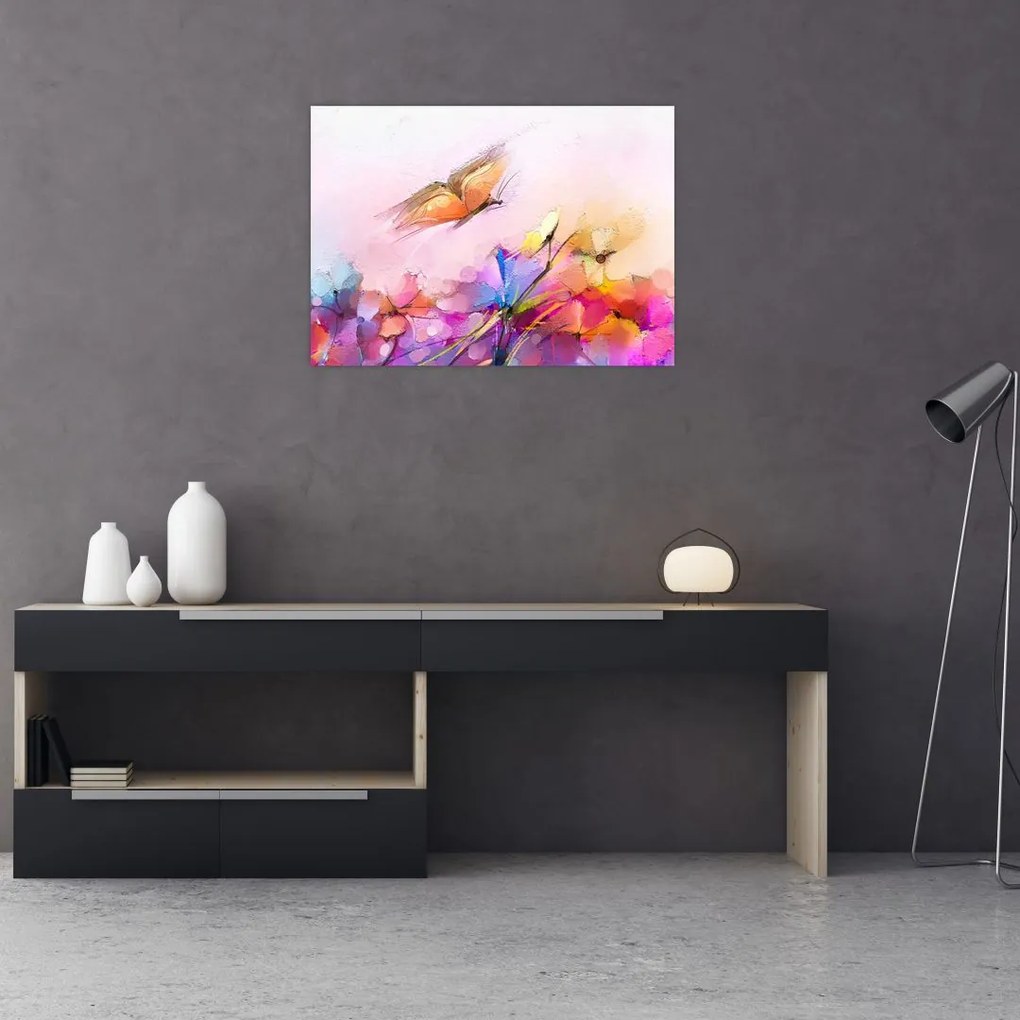 Obraz na szkle - Motyl nad kwiatem, abstrakcja (70x50 cm)