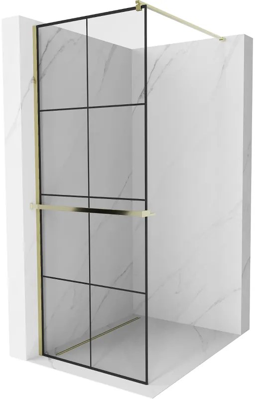 Mexen Kioto+ ścianka prysznicowa z półką Walk-in 70 x 200 cm, czarny wzór, złota - 800-070-121-50-77