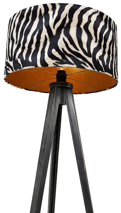 Lampa podłogowa trójnóg czarna z abażurem w pasy zebry 50 cm - Tripod Classic Nowoczesny Oswietlenie wewnetrzne