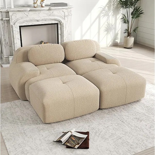 Modułowa sofa welur prążkowany - 2-osobowa - z 2 poduszkami i 2 pufami - spód antypoślizgowy - 208x178x70cm - Beżowy