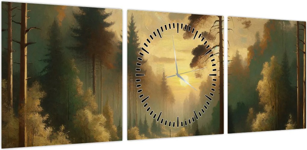 Obraz - Słońce świecące przez las (z zegarem) (90x30 cm)