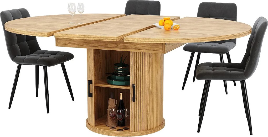 Stoł jadalniany rozsuwany - MDF - Stół okrągły - 118-158 cm - 6 osób - 1 drzwi - 2 półki - Jasny naturalny