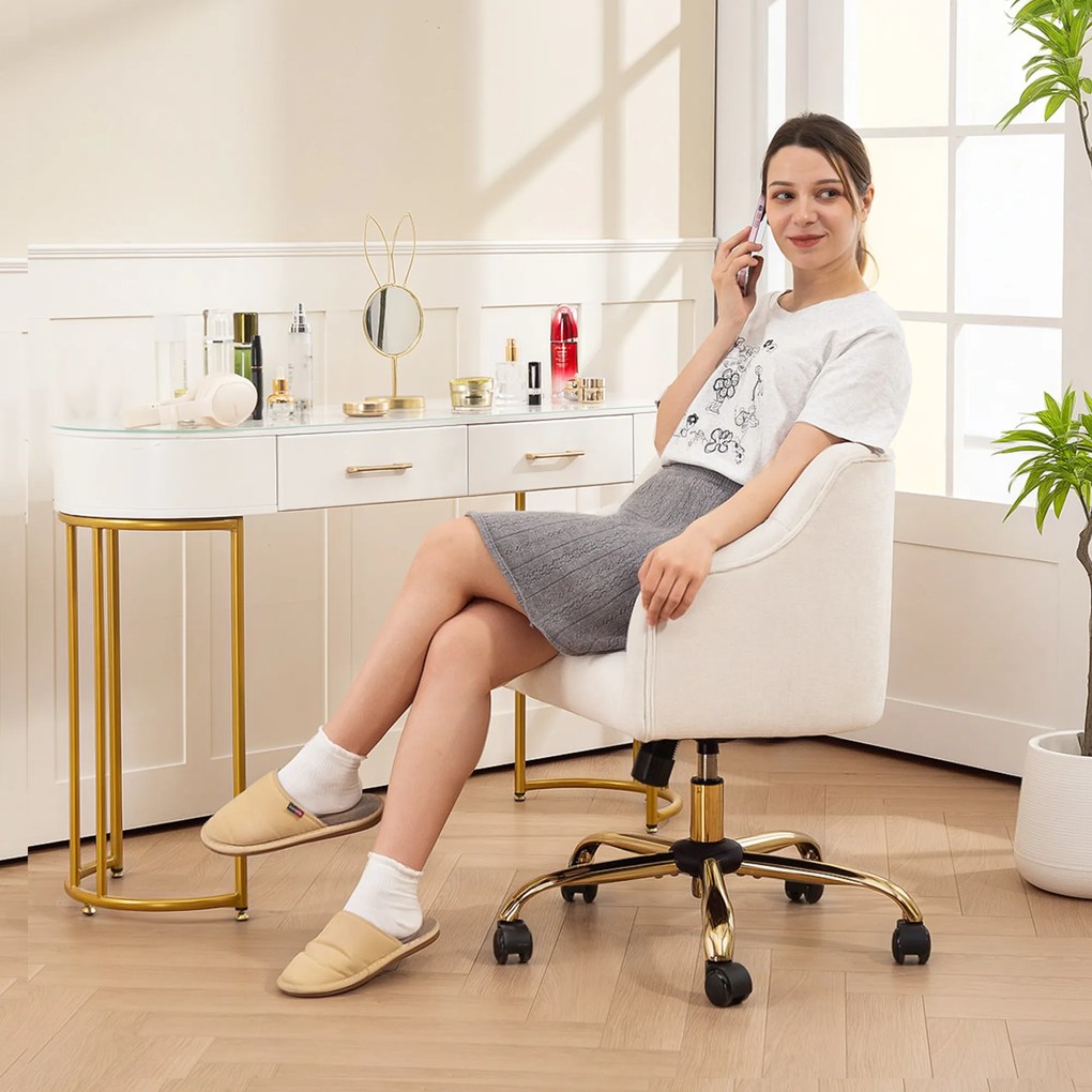 HOMCOM Wyściełane krzesło biurowe, Obrotowy fotel w wyglądzie lnu, Złote nogi, Regulowana wysokość, Kolor Beżowy