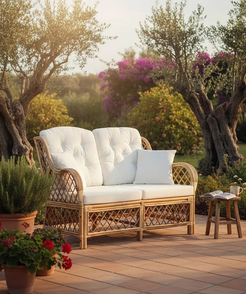 2-osobowa sofa rattanowa z lnianą tapicerką G5-D03