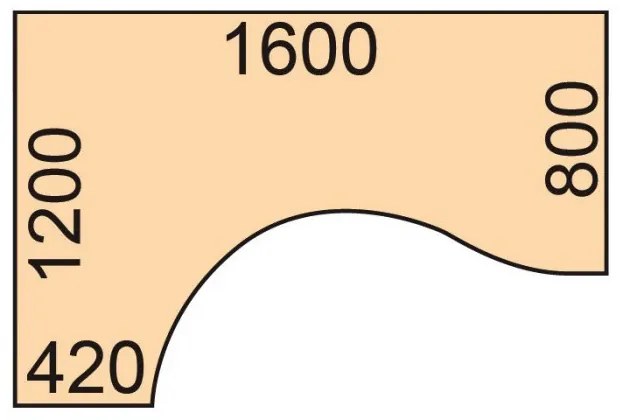 Stół z regulacją wysokości, 1 silnik, 745 - 1235 mm, ergonomiczny L/P, blat 1600 x 1200 mm, podstawa czarna, brzoza