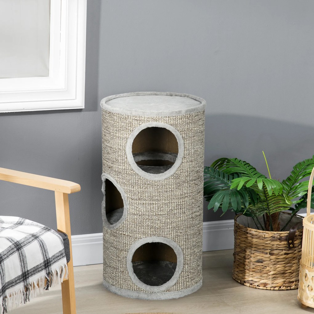 PawHut Drapak dla Kota z 3 Poziomami Jasnoszary 38x38x70cm z Sizalową Liną Idealny dla Zabawy i Ostrzenia Pazurów | Aosom PL