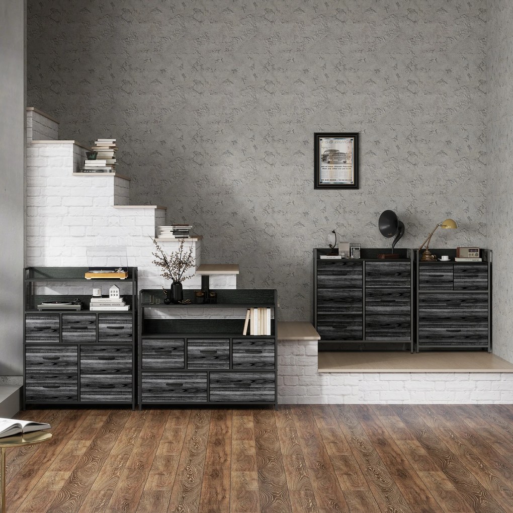 HOMCOM Komoda, sideboard, 4 tkaninowe szuflady, industrialny design, 60x29x85 cm, czarny | Aosom PL