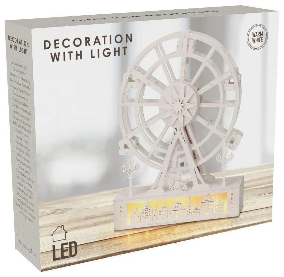 Świąteczne ruchome koło świecące Wioska, cm, 4x LED, drewno