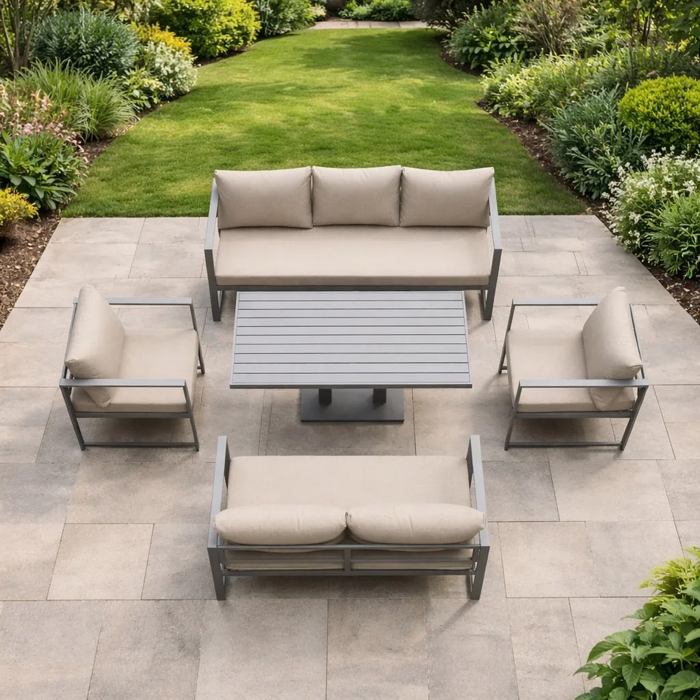Zestaw mebli ogrodowych Bellagio NM2011-G-BR z sofami, fotelami i ławostołem, szary, poduszki beżowe