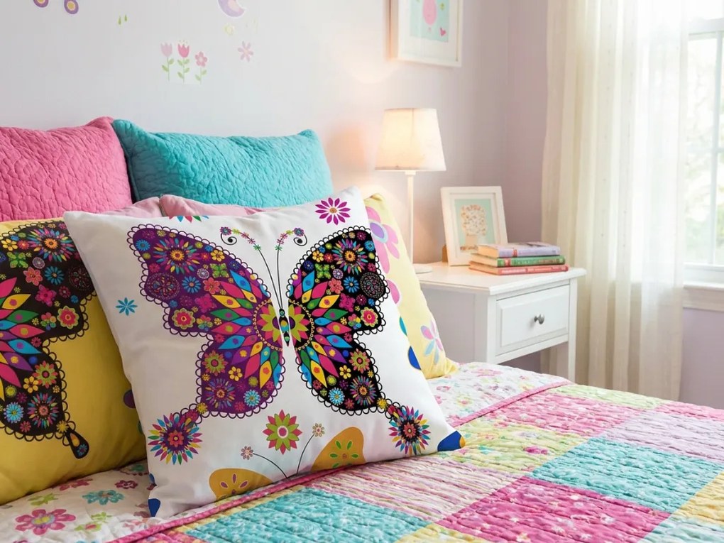 Poszewka na poduszkę z mikrofibry KOLOROWY MOTYL 45x45 cm, biały