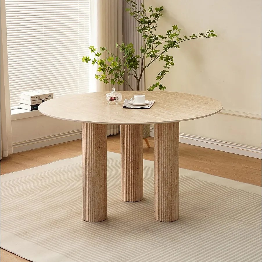 Okrągły stół jadalniany dla 4 osób – Blat z ceramiki w efekcie beżowego trawertynu – ANA