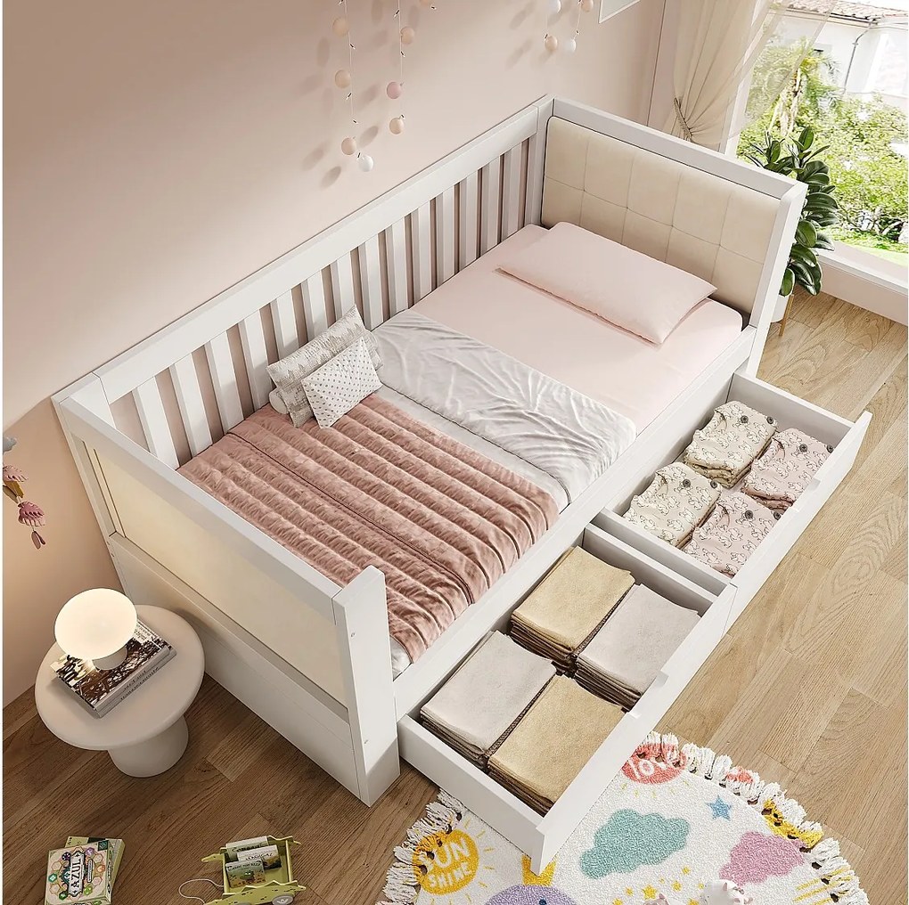 Drewniana sofa rozkładana - 90 x 200 cm - z 2 szufladami + podłokietnikami i oparciem - biała