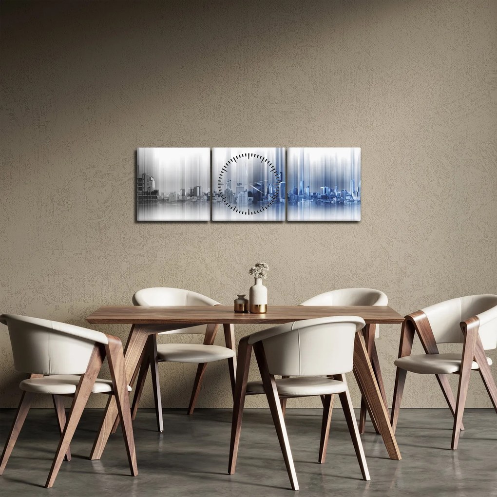 Obraz - Panorama miasta, niebiesko - szara (z zegarem) (90x30 cm)