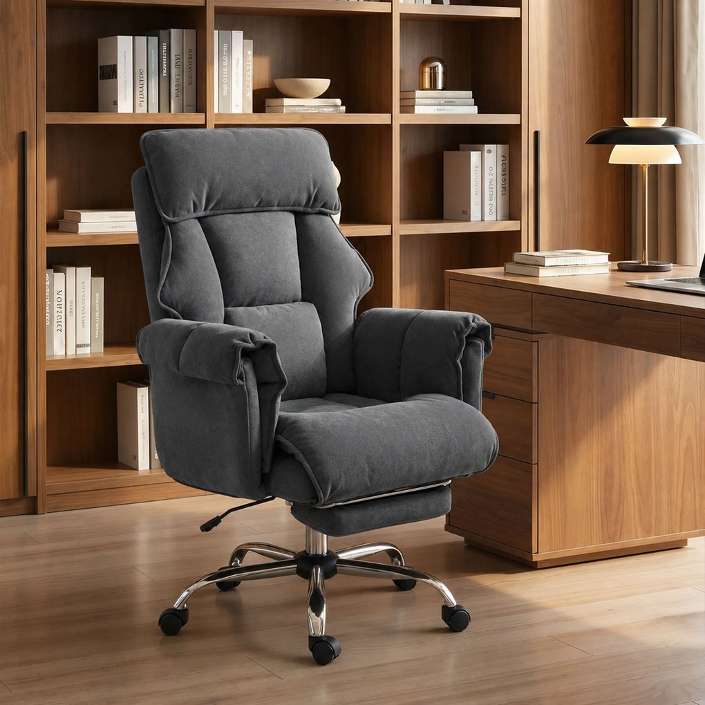 HOMCOM Fotel biurowy regulowany obrotowy z podparciem lędźwiowym, podnóżkiem, flanelą śnieżną, 80 x 80 x 106-114 cm, ciemnoszary | Aosom PL